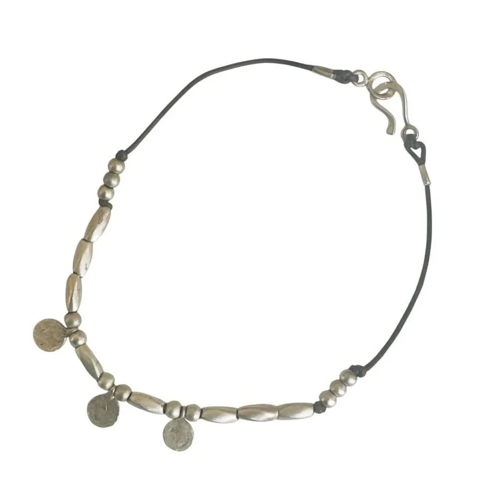 Silver Tone Beaded Leather Necklace with Textured Disc Charms